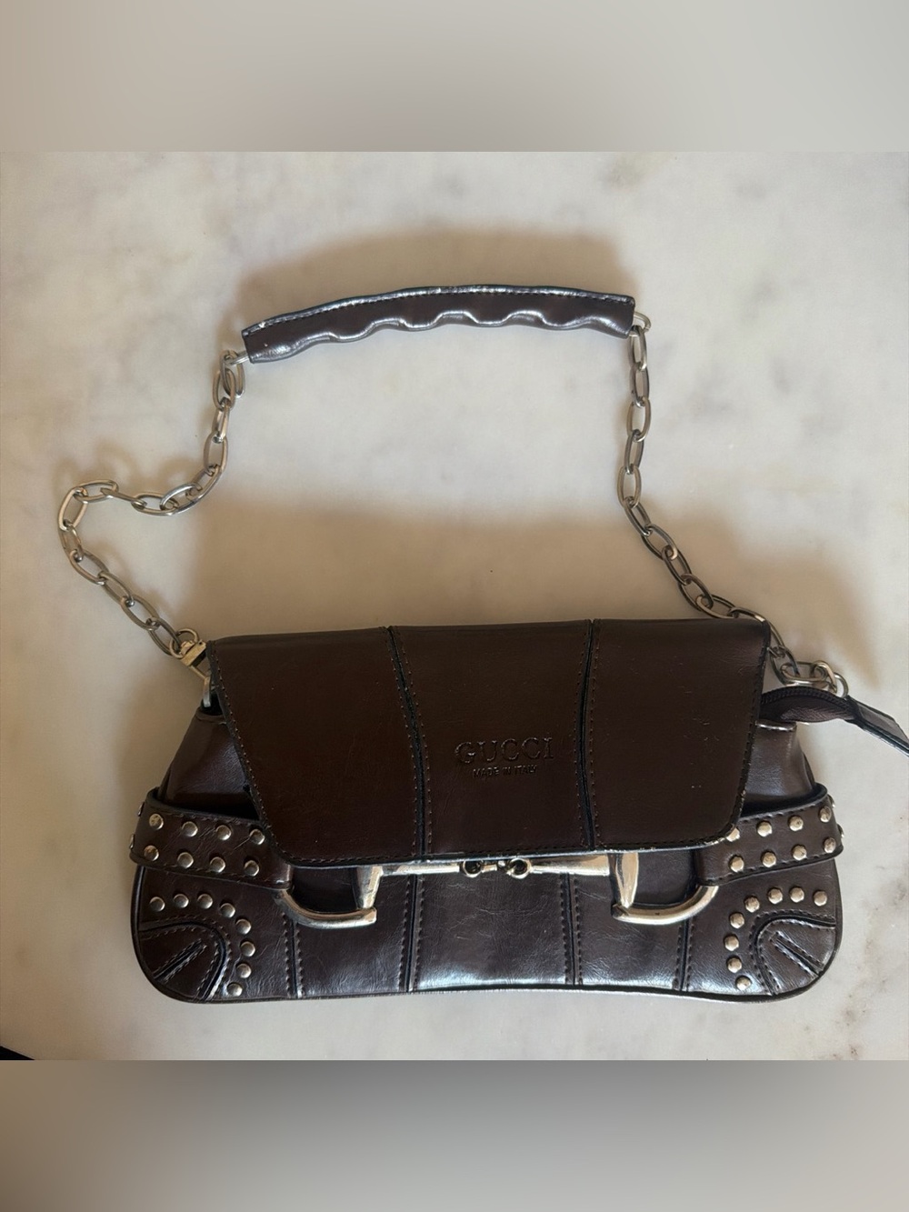 Gucci Brown Leather Shoulder Bag with Silver Chain